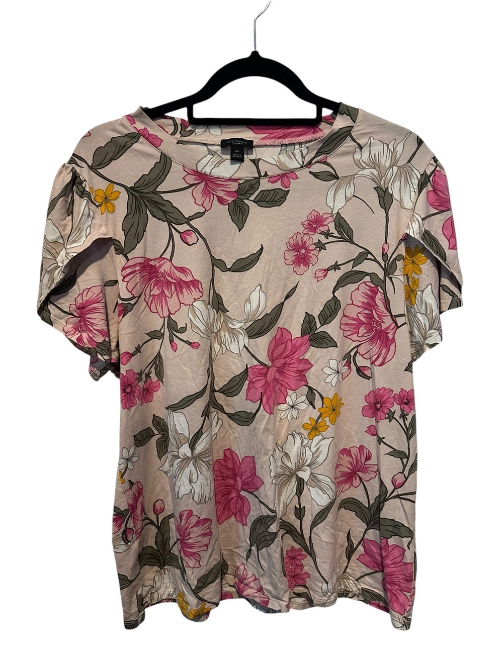 Ann Taylor Factory Pink Floral Short Flutter Sleeve Top